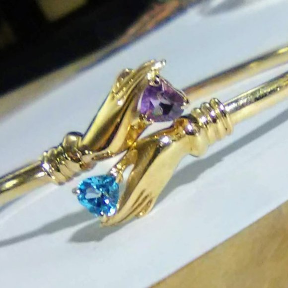 14kt Graceful 2 hand Amethyst Blue Topaz Bypass Bangle Bracelet 90's Vintage - Picture 3 of 14